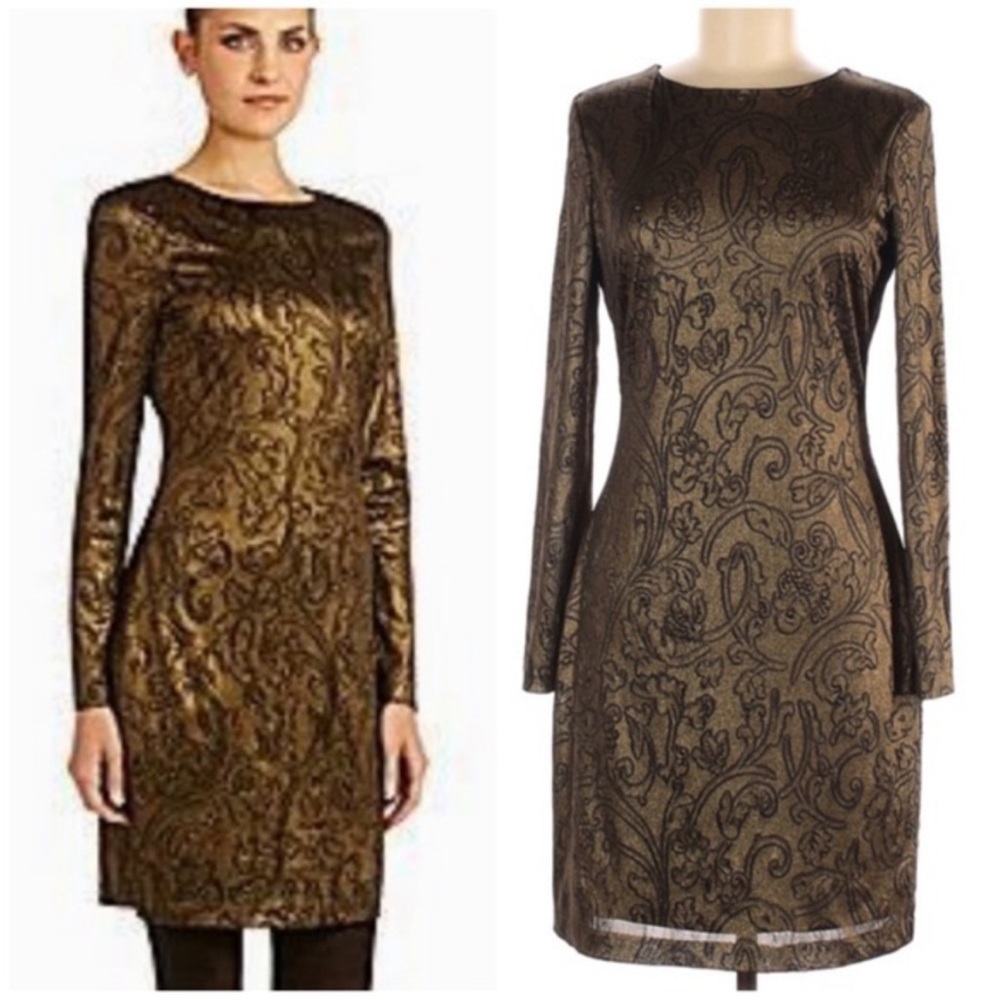 {Belle Badgley Mischka} Embossed Long Sleeve Sheath Dress in Gold - Women’s 4